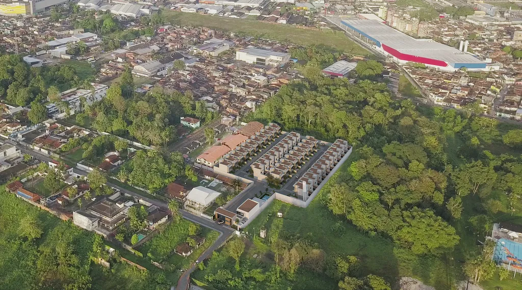 Fotomontagem aérea mostrando o Tree Residence inserido na região arborizada de Ananindeua