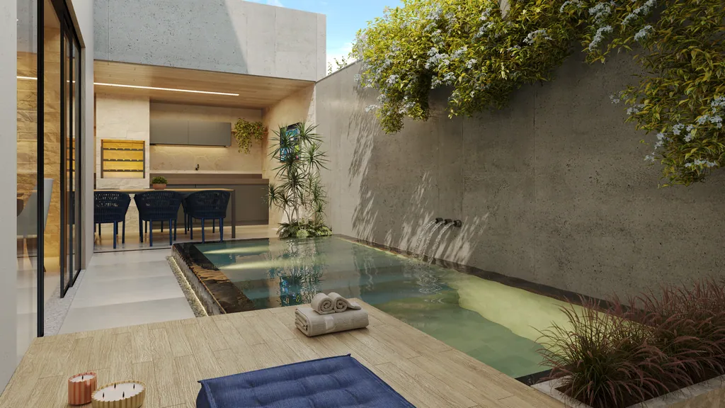 Quintal de uma casa com piscina privativa, deck de madeira e área gourmet coberta