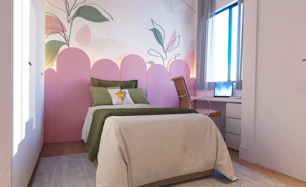 Suíte infantil com cabeceira em arcos rosa e papel de parede de folhas