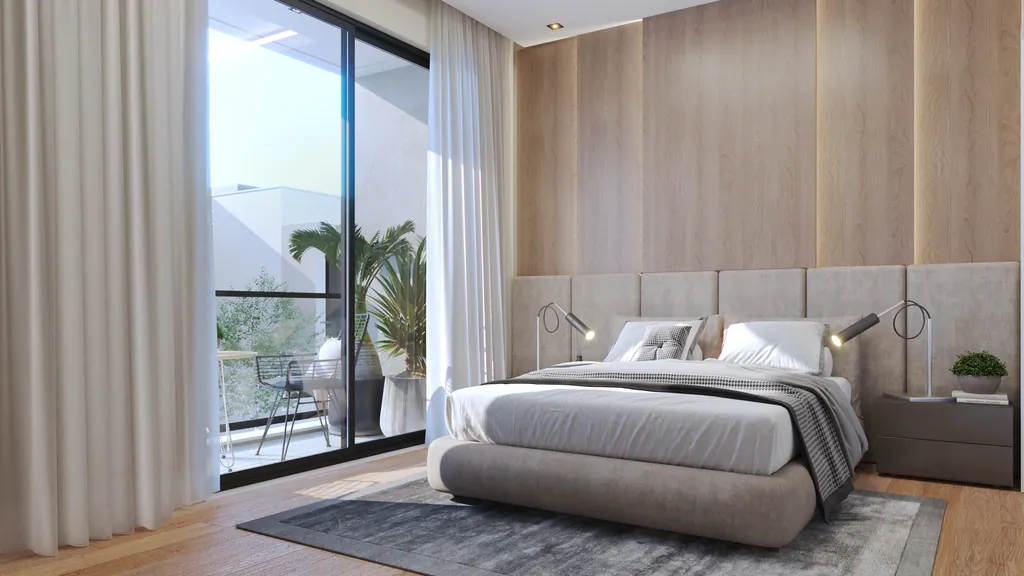 Suíte master com painel de madeira, cama de casal e porta de vidro para a varanda
