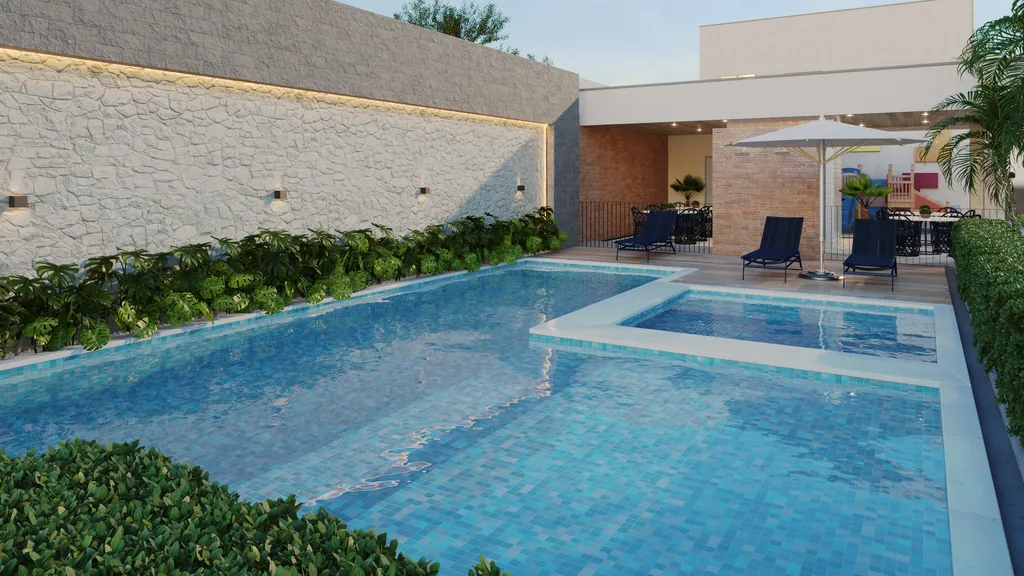 Piscina adulto e infantil com espreguiçadeiras, guarda-sol e muro de pedra iluminado