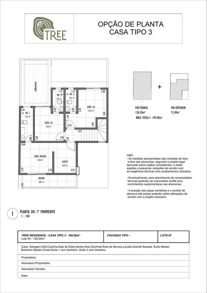 Casa tipo 3, planta padrão, pavimento superior
