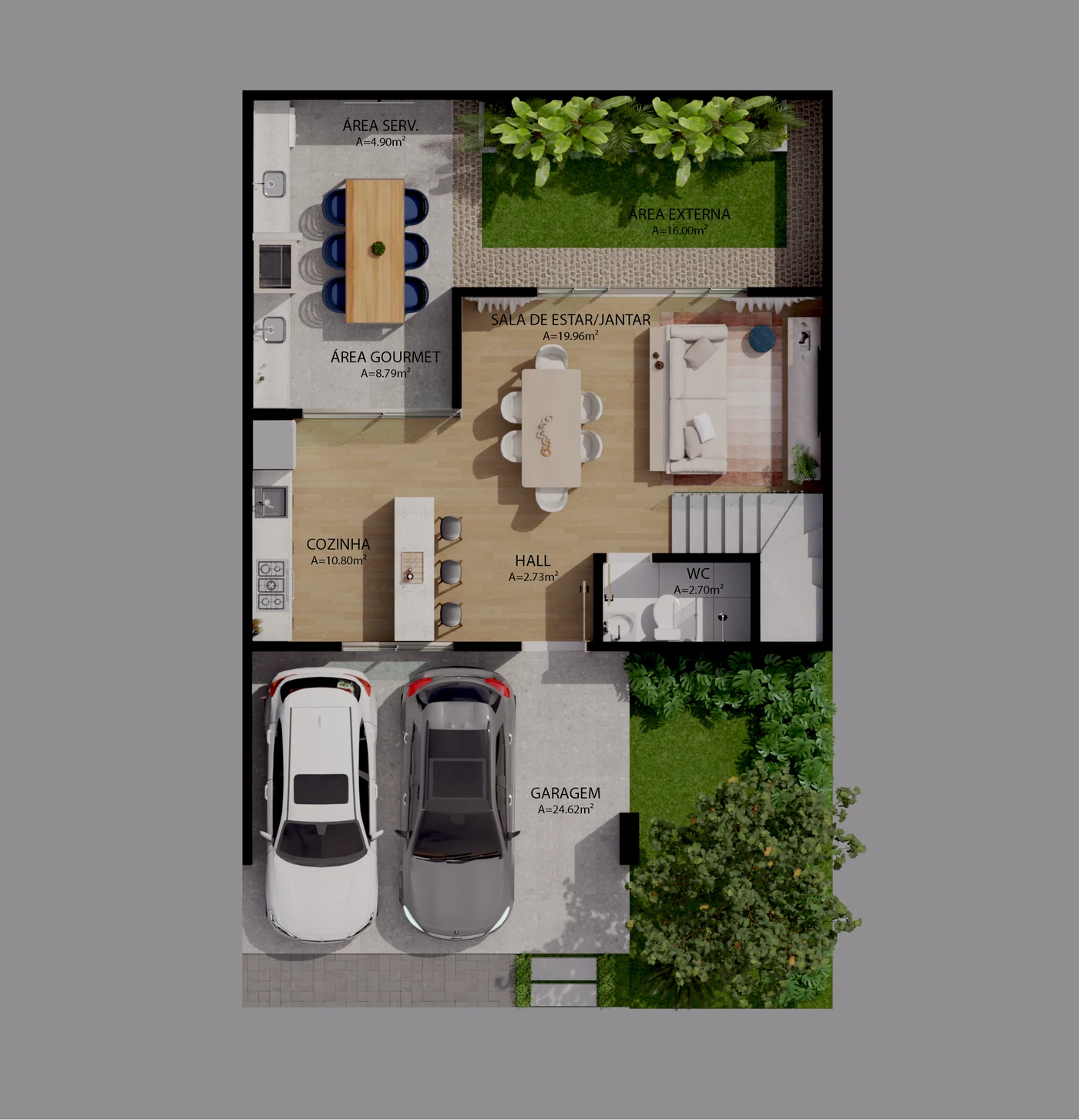 Planta humanizada do térreo com garagem para dois carros, sala de estar e jantar, cozinha, lavabo, área gourmet e quintal